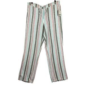 For Cynthia Pants XL Blue Linen Blend Striped Womens Wide Leg Pull On Pants NWT